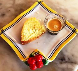 Slcie of Maida Heatter's Lemon Buttermilk Cake with Espresso, lemons