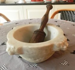 Hand carved Carrara marble mortar and pestle from Marmotecnica Baudoni