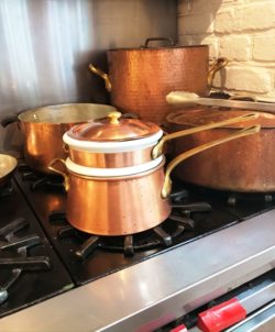 Waldow copper double boiler with ceramic insert in KD kitchen: copper cookware made in usa