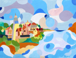 2020; acrylic; paper;village,sea, ocean; representational;painting; book four