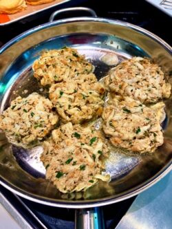 Vicky sackett crabcakes frying in KD kitchen