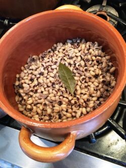 black eyed peas in terra cotta pot
